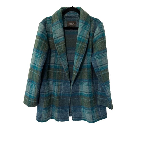 Rachel Zoe Open Front Wool Blend Green Plaid Jacket SZ L - Picture 1 of 11